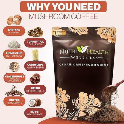 Organic Mushroom Coffee by Nutri Health Wellness | 30 Servings + Free Spoon